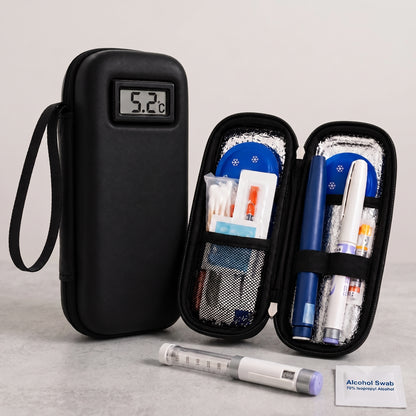 Estuche termico para insulina Isovio negro abierto con accesorios